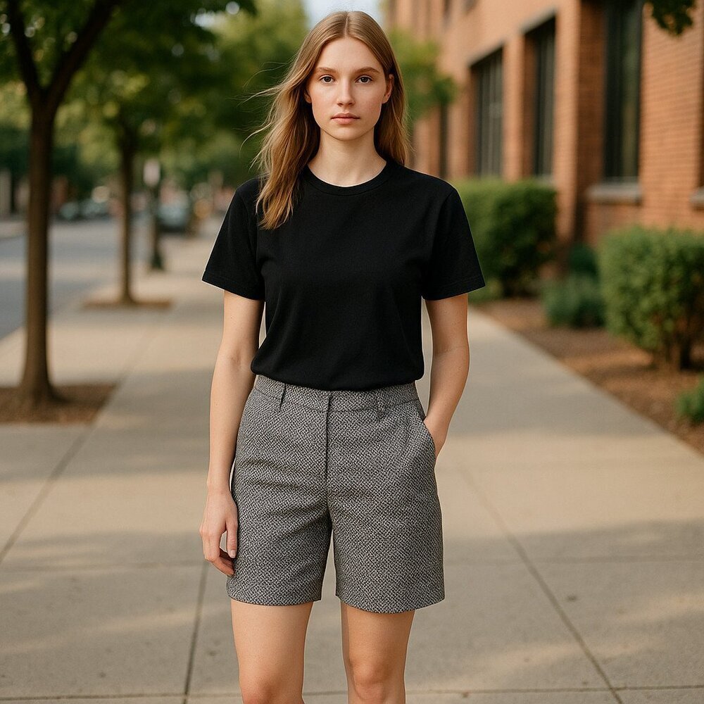 DALIA SZ 4 Geometric Print Black Blue & White Dressy Bermuda Shorts